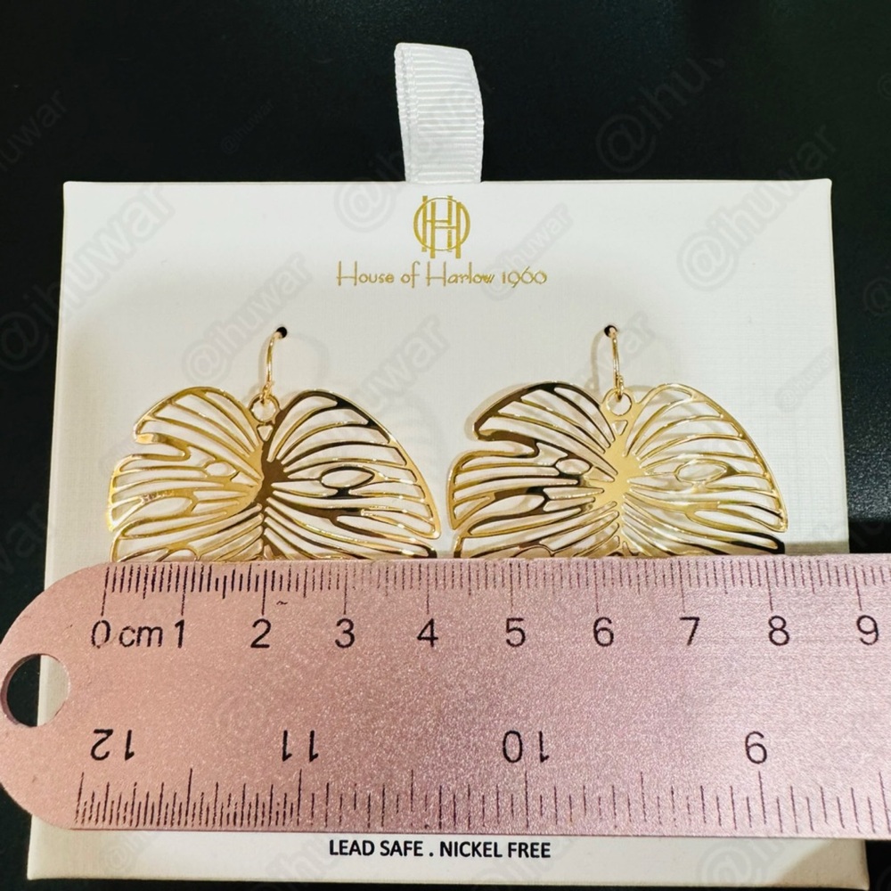 HOUSE OF HARLOW 1960 Gold Tone Palm Leaf Dangle Earrings - Picture 9 of 13